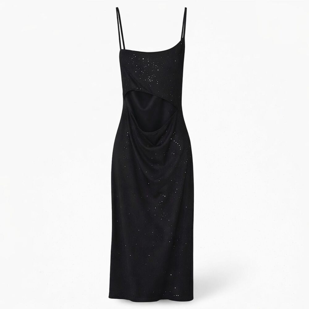 PrettyLittleThing Black Rhinestone Midi Dress Strappy Bodycon Evening Party SZ.4